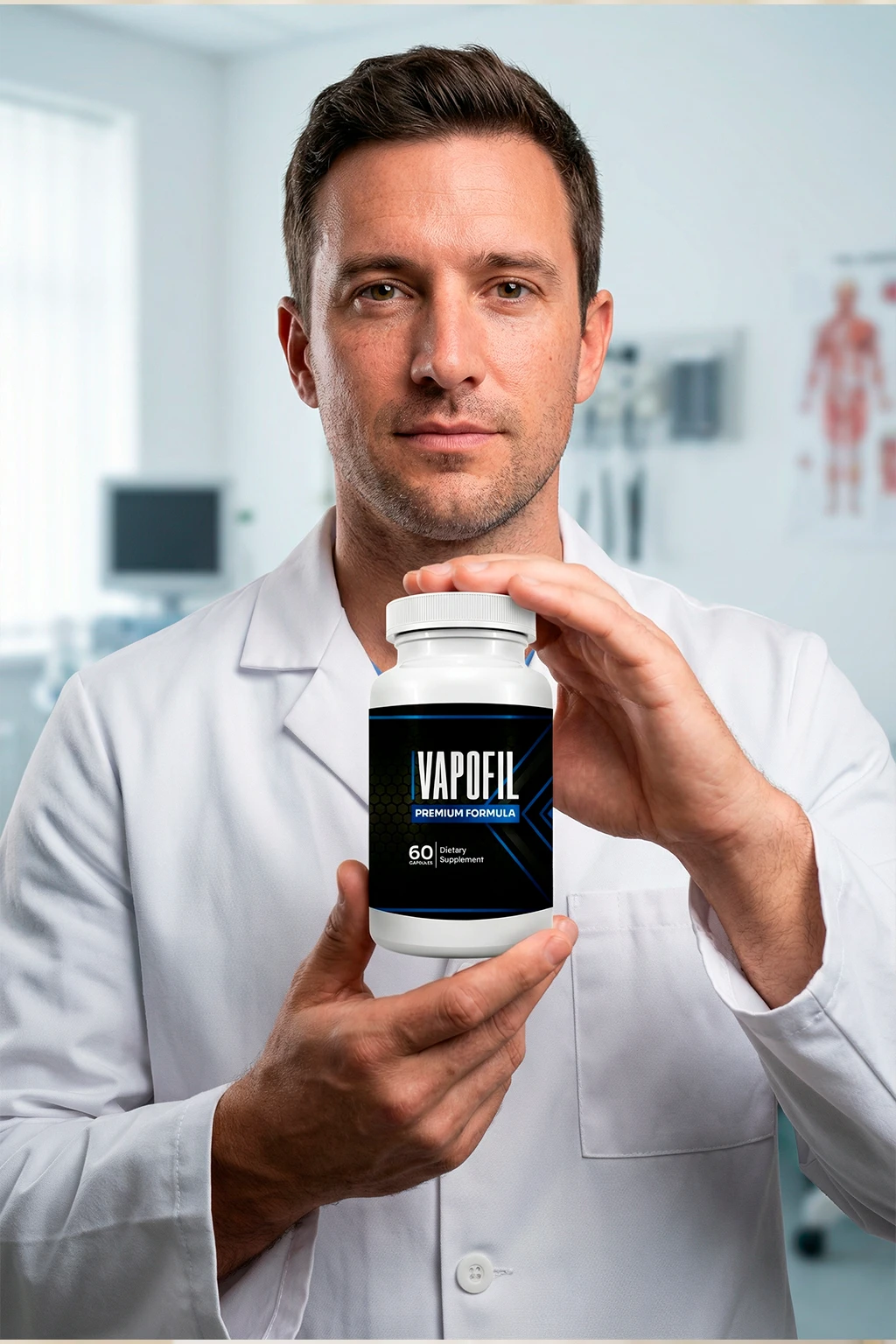 VapoFil capsule supplement held by a physician in a clinical setting