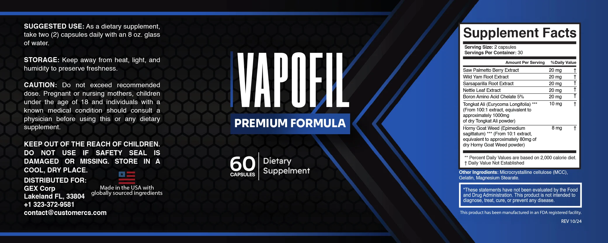 VapoFil supplement facts label showing all seven ingredients and dosages per serving